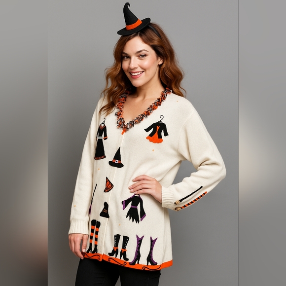Vintage J Two New York XXL Halloween Witch Sweater Kitsch Collectible Cardigan - Picture 1 of 8